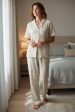 ⁦Serene Bloom 3-Piece Pajama Set – Soft Beige Floral Edition⁩ - الصورة ⁦2⁩
