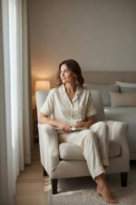 ⁦Serene Bloom 3-Piece Pajama Set – Soft Beige Floral Edition⁩ - الصورة ⁦3⁩