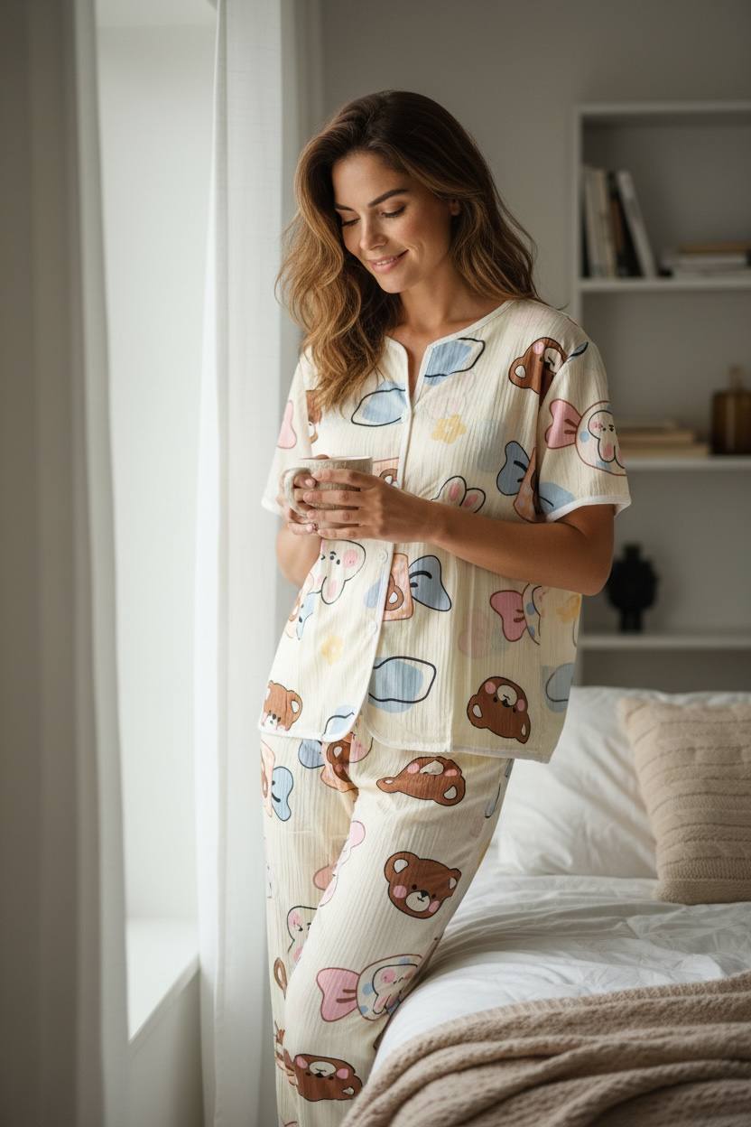photo_2026-01-11_18-47-19 3PCS Women’s Printed Lounge Pajama Set – Button-Up Shirt, Shorts & Long Pants - Image 1