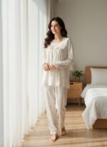⁦Soft Floral Long Sleeve 2-Piece Pajama Set for Women – Lightweight Breathable Nightwear⁩ - الصورة ⁦3⁩