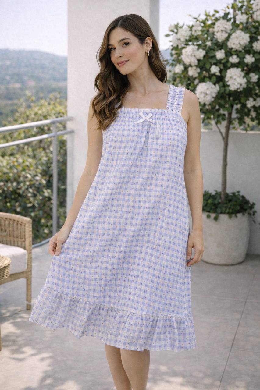photo_2026-01-12_16-51-01 Blue Gingham Ruffle Strap Nightdress - الصورة 1