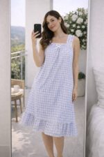 ⁦Blue Gingham Ruffle Strap Nightdress⁩ - الصورة ⁦2⁩