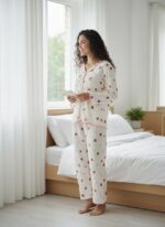 فستان نوم نسائي قطن ناعم من القطن الناعم - مطبوع عليه زهور