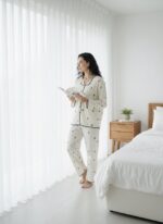 Women’s Pajama Set – Green Heart Print Button-Down Lounge Set