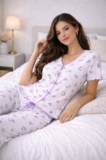 ⁦Soft Bloom Button-Up Pajama Set – Premium Comfort Two-Piece Nightwear⁩ - الصورة ⁦3⁩