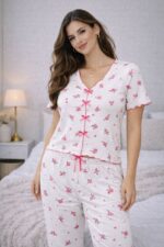 FlORAL BOW-TIE PAJAMA SET – Soft Two-Piece Sleepwear - Image 3