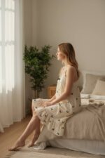 ⁦Cream Bow Print Ruffle Night Dress – Soft & Lightweight Sleepwear⁩ - الصورة ⁦2⁩
