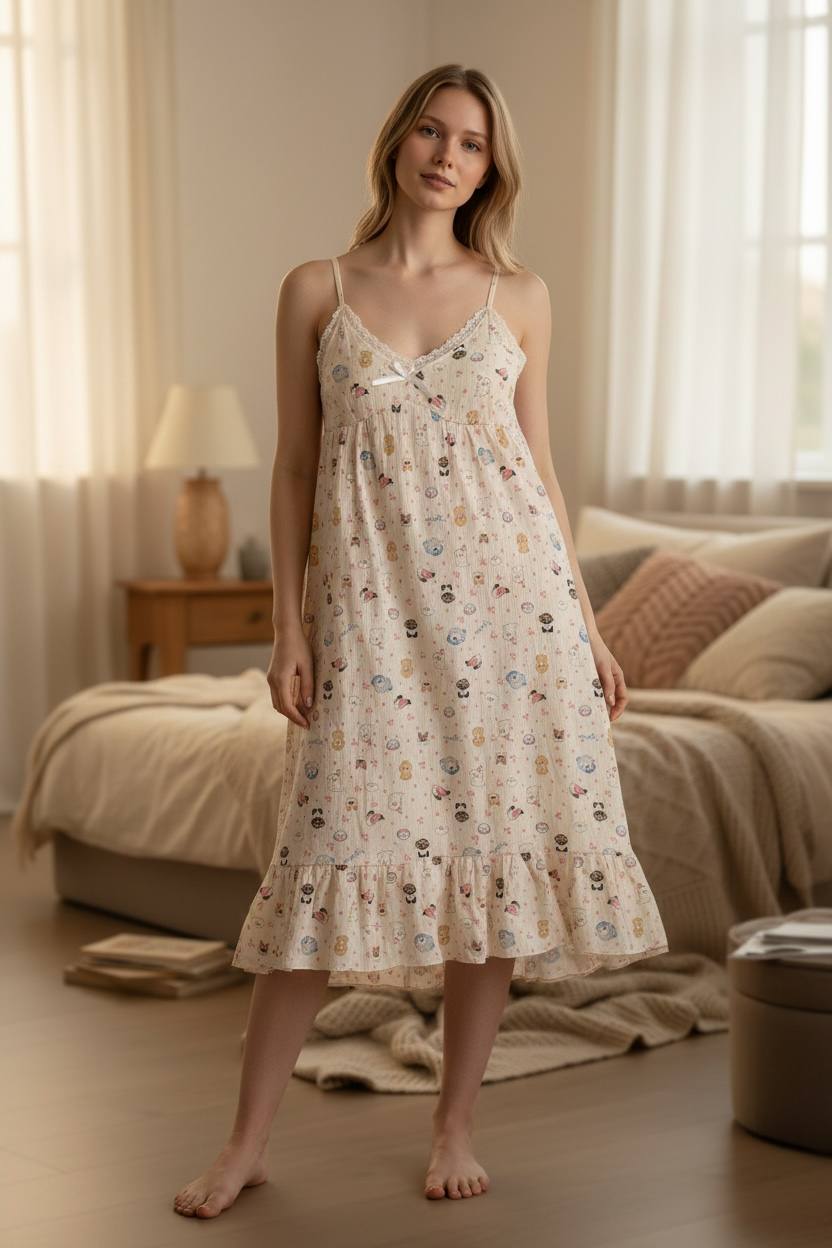 photo_2026-01-22_14-30-24 Cloud Print Nightdress – Women’s Ruffle Hem Sleepwear - الصورة 1