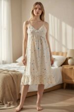 فستان نوم كشكش مطبوع بعقدة باستيل