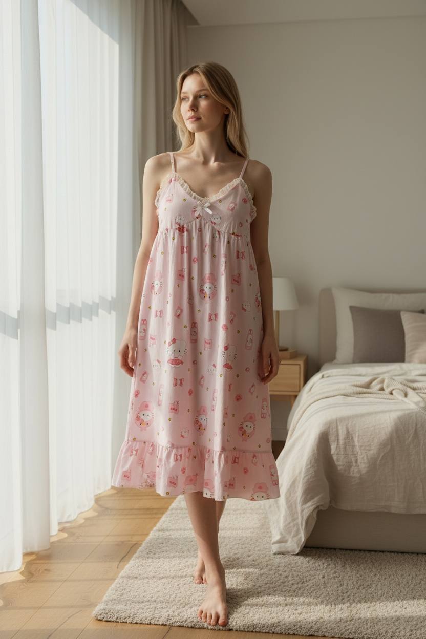 photo_2026-01-22_14-30-59 Hello Kitty Print Sleeveless Nightdress – Soft Cotton Lounge Dress - Image 1