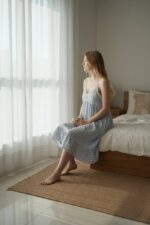 Blue Gingham Floral Sleeveless Nightdress – Ruffle Hem Lounge Dress - Image 2