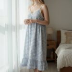 Blue Gingham Floral Sleeveless Nightdress – Ruffle Hem Lounge Dress