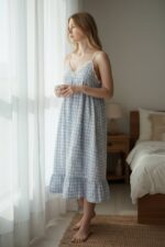 Blue Gingham Floral Sleeveless Nightdress – Ruffle Hem Lounge Dress