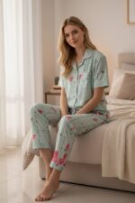 ⁦Women’s Strawberry Print Short-Sleeve Pajama Set – Button-Up Two-Piece Nightwear⁩ - الصورة ⁦4⁩
