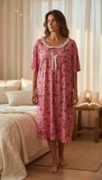 ⁦Modern Floral Night Dress – Soft & Stylish Collection⁩ - الصورة ⁦3⁩