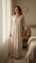 ⁦Dual-Tone Floral Maxi Night Dress – Free Size Comfort Wear⁩ - الصورة ⁦4⁩