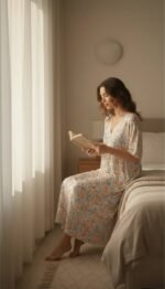 ⁦Dual-Tone Floral Maxi Night Dress – Free Size Comfort Wear⁩ - الصورة ⁦3⁩