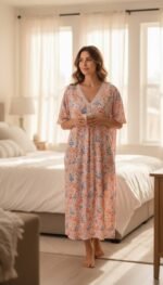 ⁦Dual-Tone Floral Maxi Night Dress – Free Size Comfort Wear⁩ - الصورة ⁦2⁩