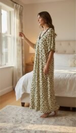 ⁦Leopard Print Maxi Night Dress – Free Size Comfort Wear⁩ - الصورة ⁦2⁩