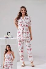 Ribbon Elegance 3-Piece Cotton Pajama Set – Women's Lounge & Sleepwear - Image 2