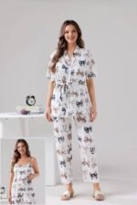 Ribbon Elegance 3-Piece Cotton Pajama Set – Women's Lounge & Sleepwear