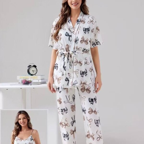 Ribbon Elegance 3-Piece Cotton Pajama Set – Women's Lounge & Sleepwear