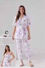 Floral Grace 3-Piece Cotton Pajama Set – Women's Lounge & Sleepwear - Image 2
