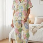 Cute Pastel Cartoon Button-Up Pajama Set – Women's Soft Sleepwear