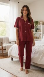 Classic Dot Lace Pajama Set – Women's Soft Button Sleepwear