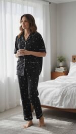 Ribbon Print Pajama Set – Women's Soft Button Sleepwear