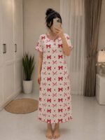 Women’s Bow & Heart Print Long Nightdress - Image 2